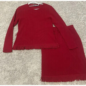 Lemmie For Nina Leonard Womens Red 2-Piece Knit Top Skirt Fringe Size Small